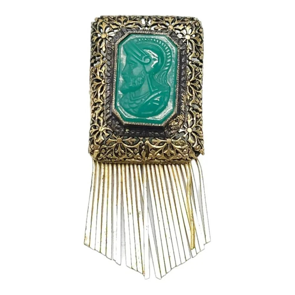 Green Glass Roman Soldier Art Deco Carved Fringe Brooch Pin Gold Tone Vintage